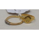 An 18ct gold signet ring, and an 18ct gold and five stone diamond ring, approx. 5.7 g (all in) (2)