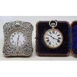 A plated pocket watch, in a silver mounted travelling case, initialled, Birmingham 1903, and another
