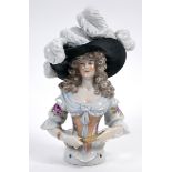 An Ernst Bohne & Sohne porcelain half doll, lady with long grey ringlets and a hat with white