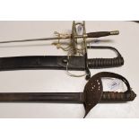 A foil, a Victorian sword, and a 19th century sword, with a scabbard (3)