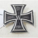 A German iron cross, slightly convex, marked 925, with screw but lacking plate, worn