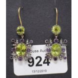 A pair of drop earrings, set peridots, diamonds and amethysts, boxed