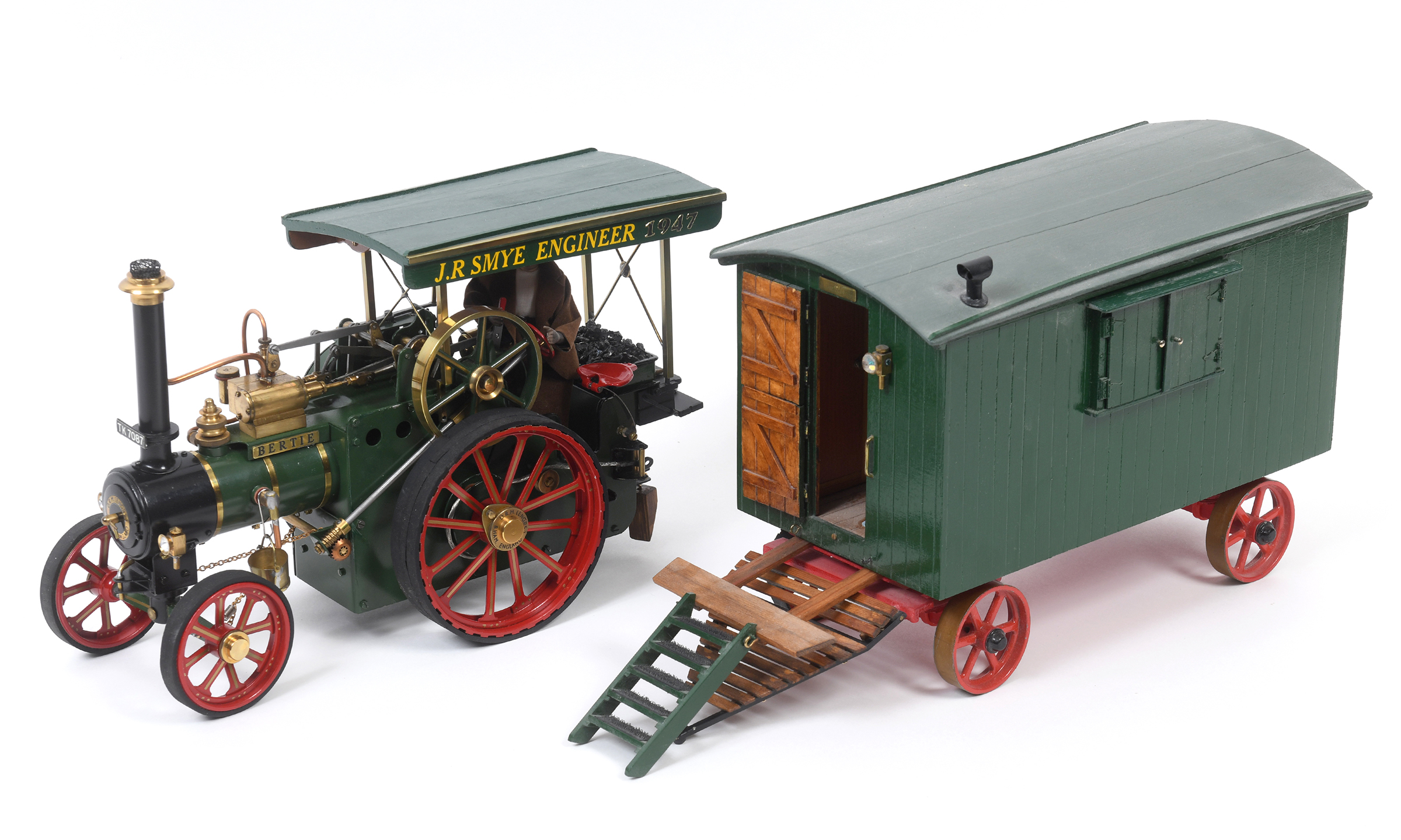 A DRM live steam wagon, Bertie, in green livery, 32 cm long, and a showman's wagon with a well