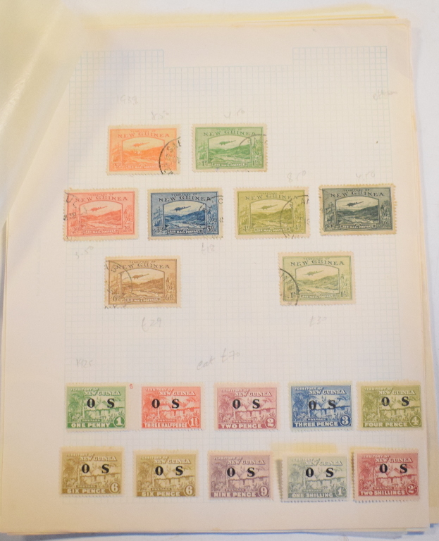 A group of Papua New Guinea stamps, an old collection on leaves with better sets and values