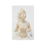 A bisque half doll, nude lady with blonde wig, hands out, 15 cm high