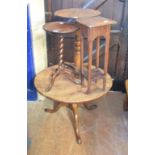 An oak low tripod table, 77 cm diameter, two wine tables and a jardiniere stand (4)