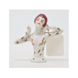 A J Walther & Sohne porcelain half doll, lady with auburn hair and a white dress with chevrons, 8.