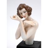 A Dressel & Kister Art Deco porcelain half doll, nude lady with short brown hair, crossed arms, 13.5