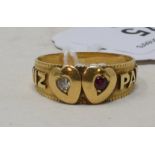 An 18ct gold, diamond chip and garnet MIZPAH ring, approx. 3.6 g (all in) Approx. P½ All letters are