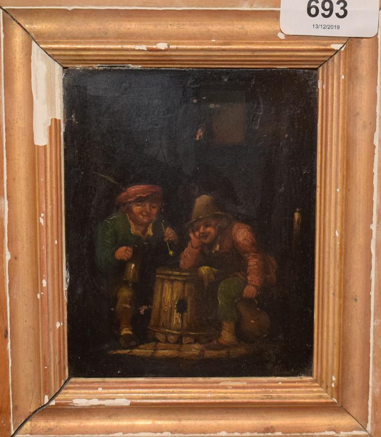 19th century, a tavern scene, oil on tin, 12.5 x 10 cm
