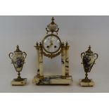 A Louis XVI style clock garniture, the clock with an 8.5 cm diameter enamel dial with Arabic