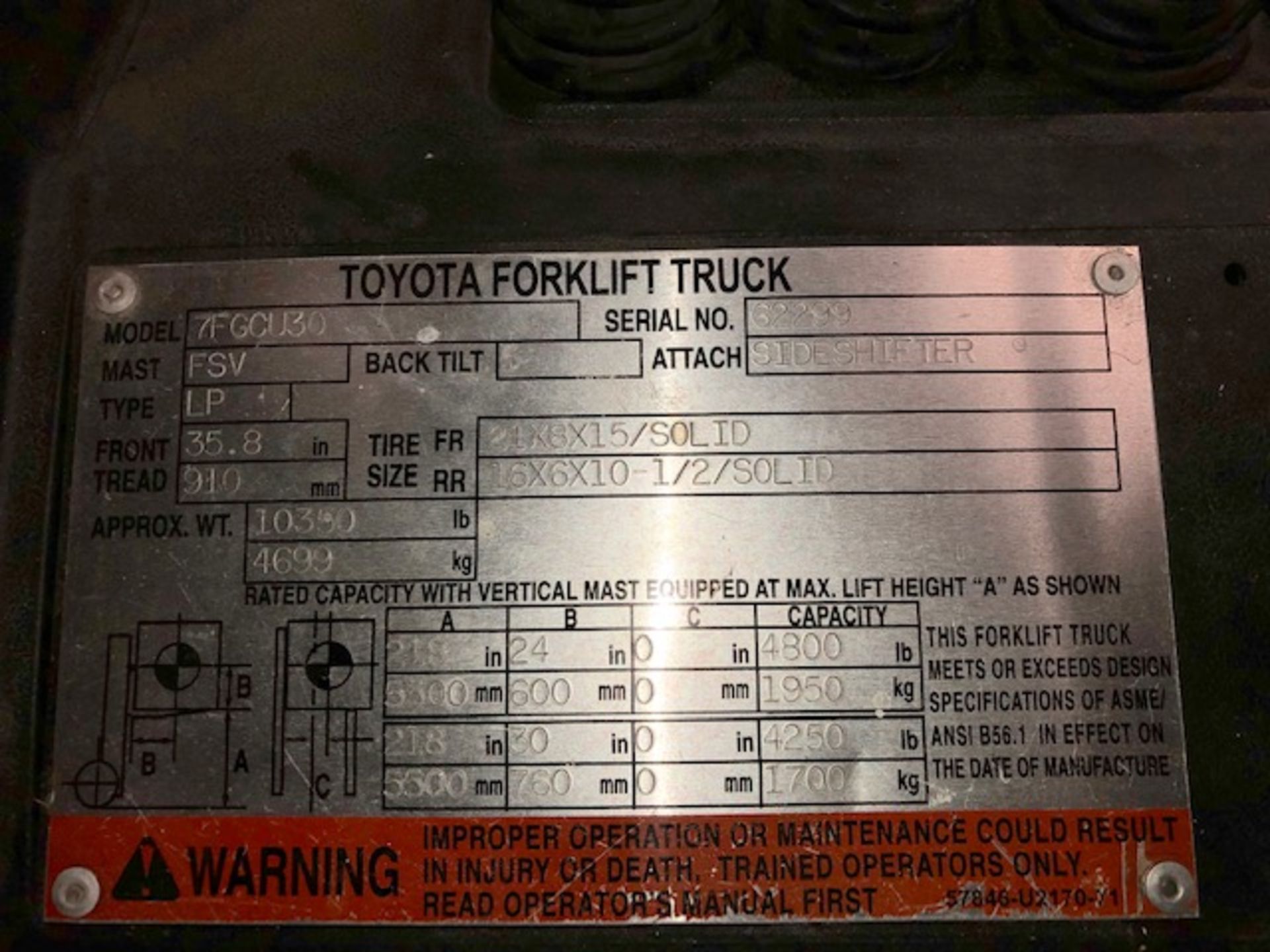 Toyota 7FGCU30 forklift - Image 6 of 7