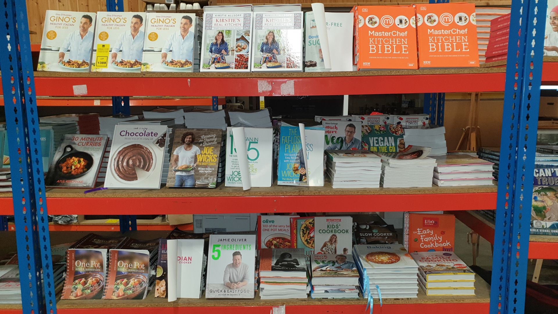 3 X SHELVES CONTAINING A LARGE QTY OF VARIOUS BOOKS IE GINO D ACAMPO GINOS HEALTHY ITALIAN FOR LESS,