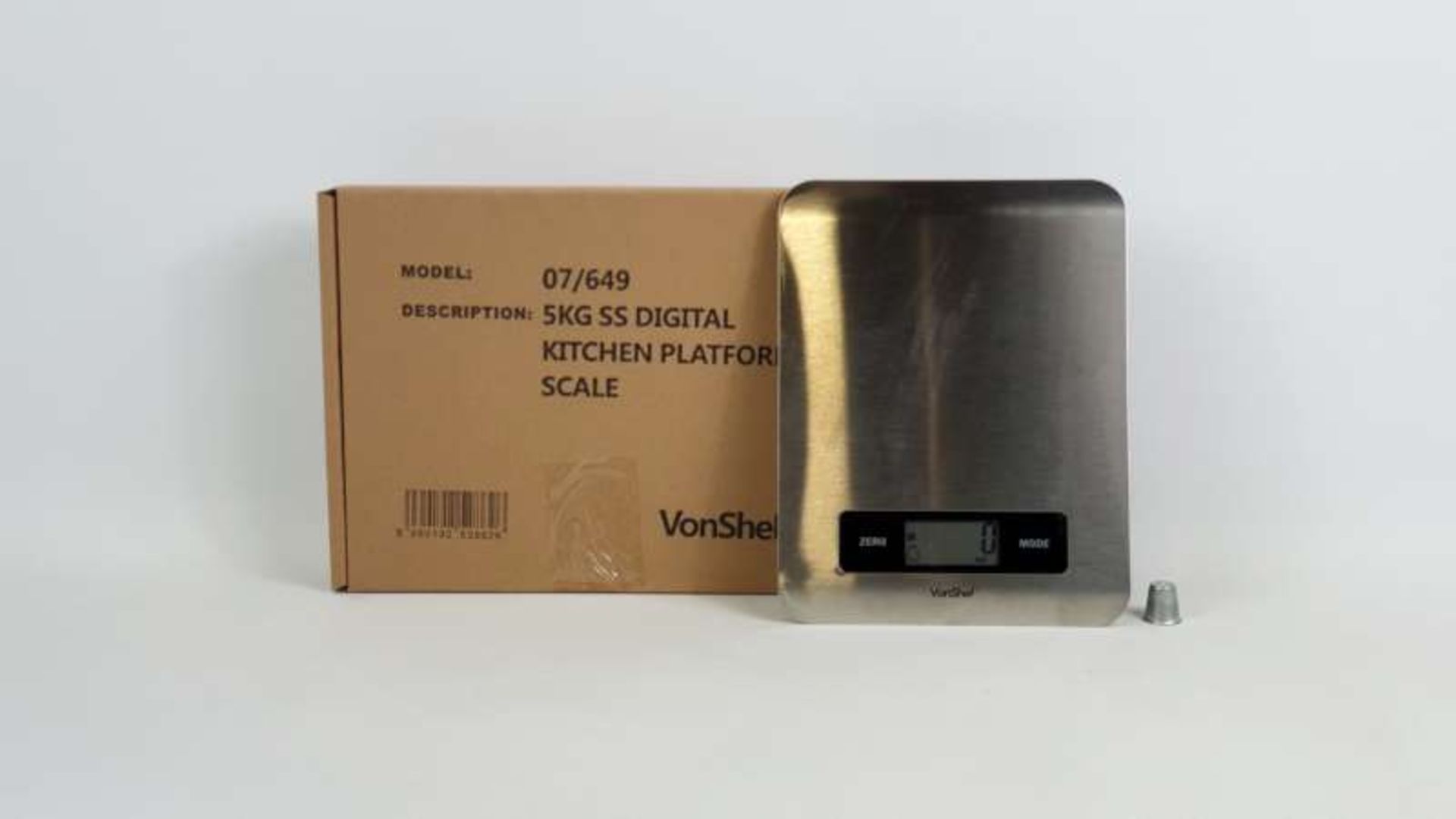 12 X BRAND NEW BOXED VONSHEF 5 KG STAINLESS STEEL DIGITAL KITCHEN PLATFORM SCALES IN 1 BOX