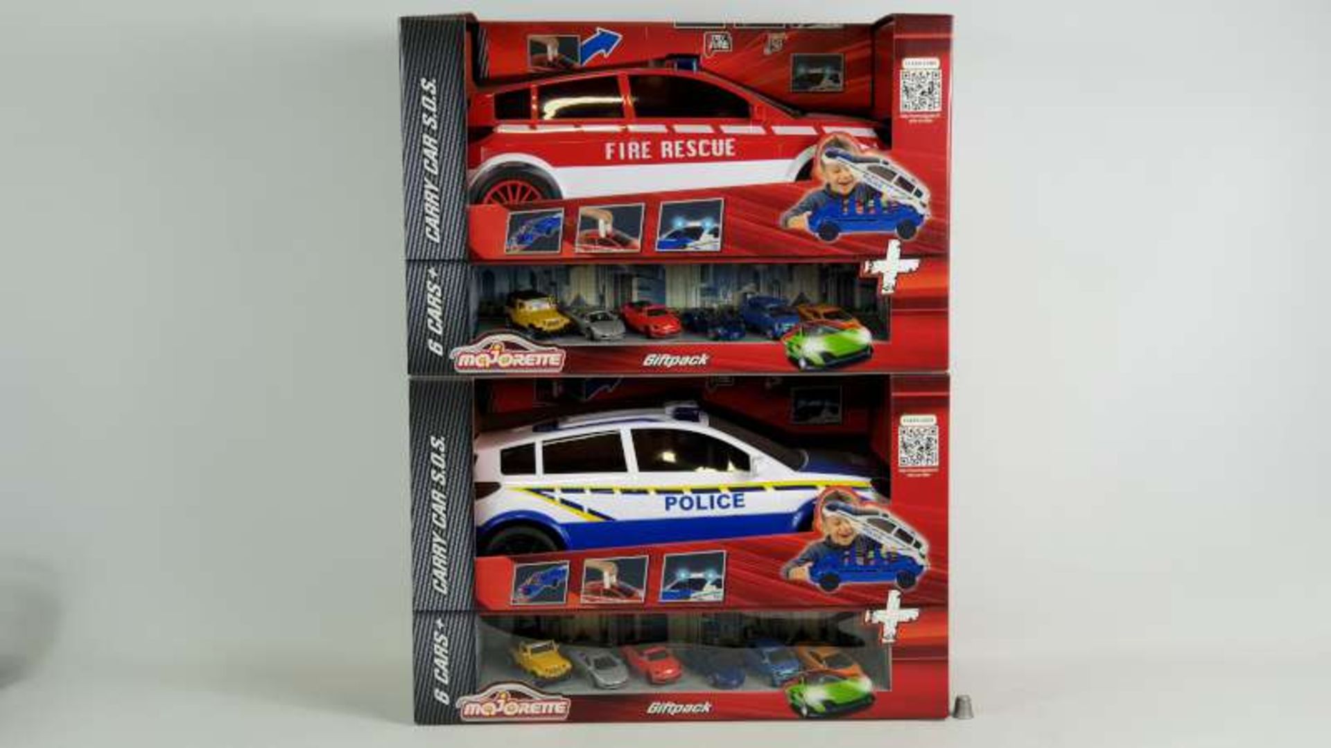 4 X BRAND NEW BOXED MAJORETTE S.O.S. POLICE / FIRE CAR CARRY CASE WITH 6 DIE CAST CARS IN 1 BOX