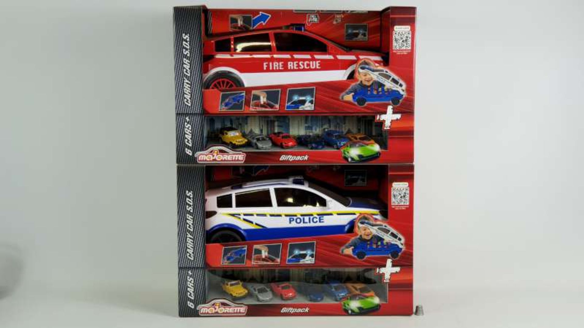 4 X BRAND NEW BOXED MAJORETTE S.O.S. POLICE / FIRE CAR CARRY CASE WITH 6 DIE CAST CARS IN 1 BOX