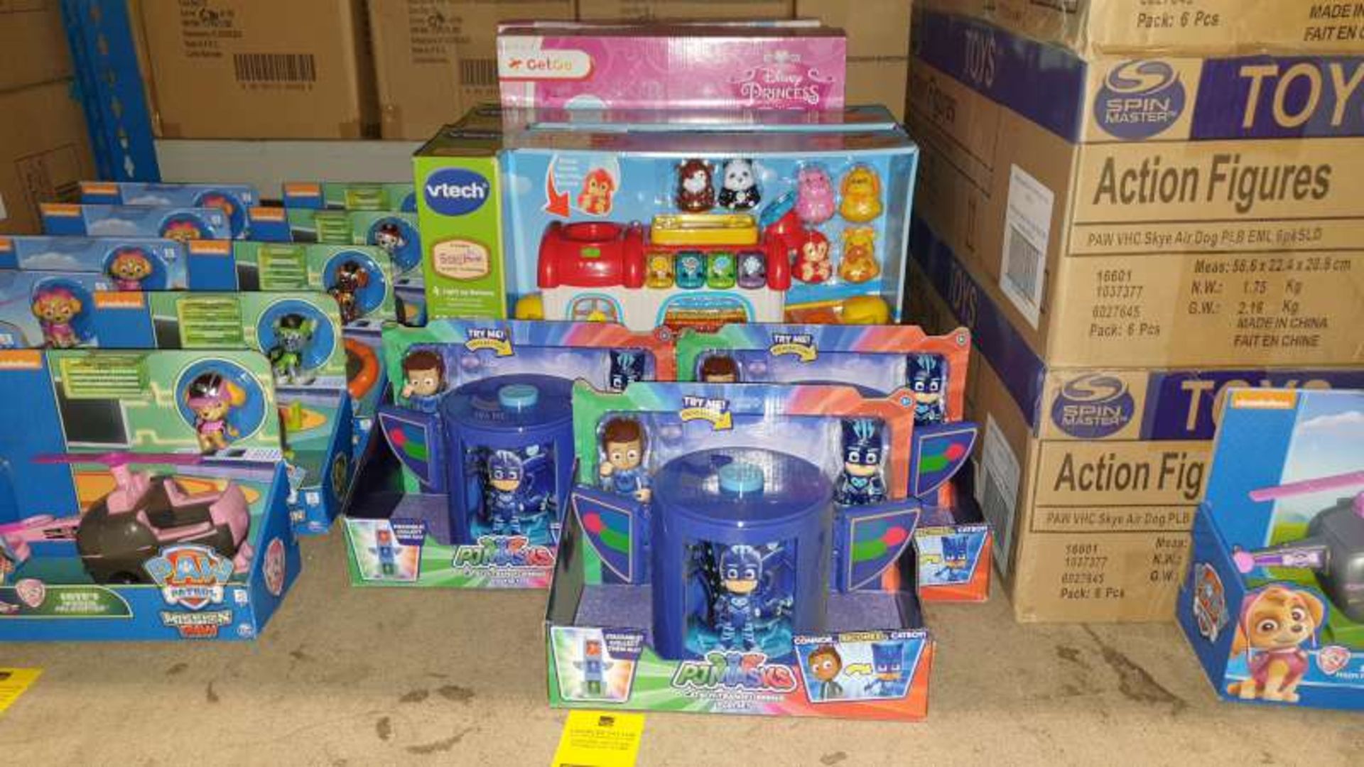 LOT CONTAINING 3 X PJMASKS CATBOY TRANSFORMING PLAYSETS, 2 X VTECH TOOT TOOT ANIMALS BOAT, 3 X