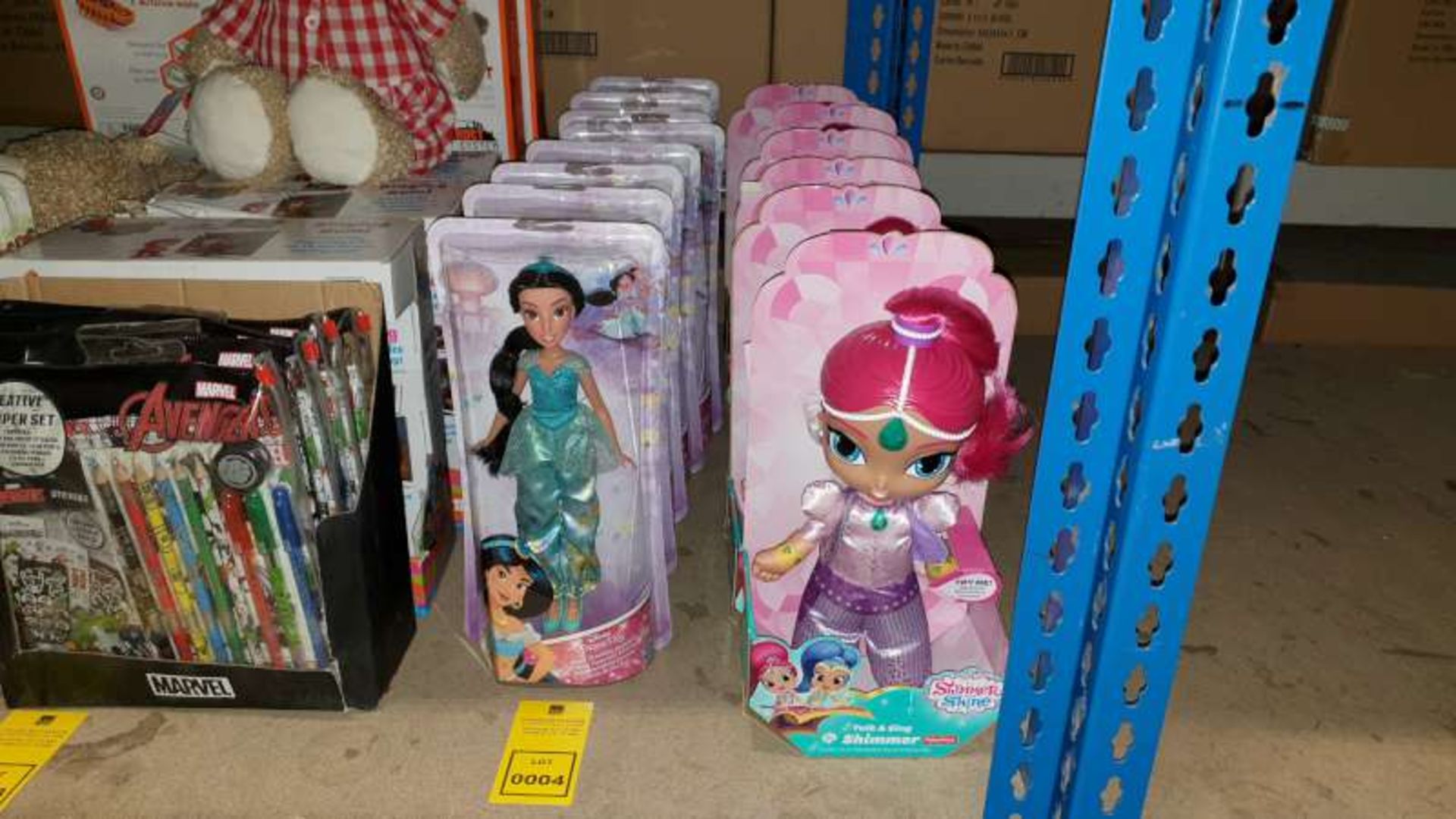 LOT CONTAINING 8 X BRAND NEW DISNEY PRINCESS ROYAL SHIMMER JASMINE DOLLS AND 6 X SHIMMER AND SHINE