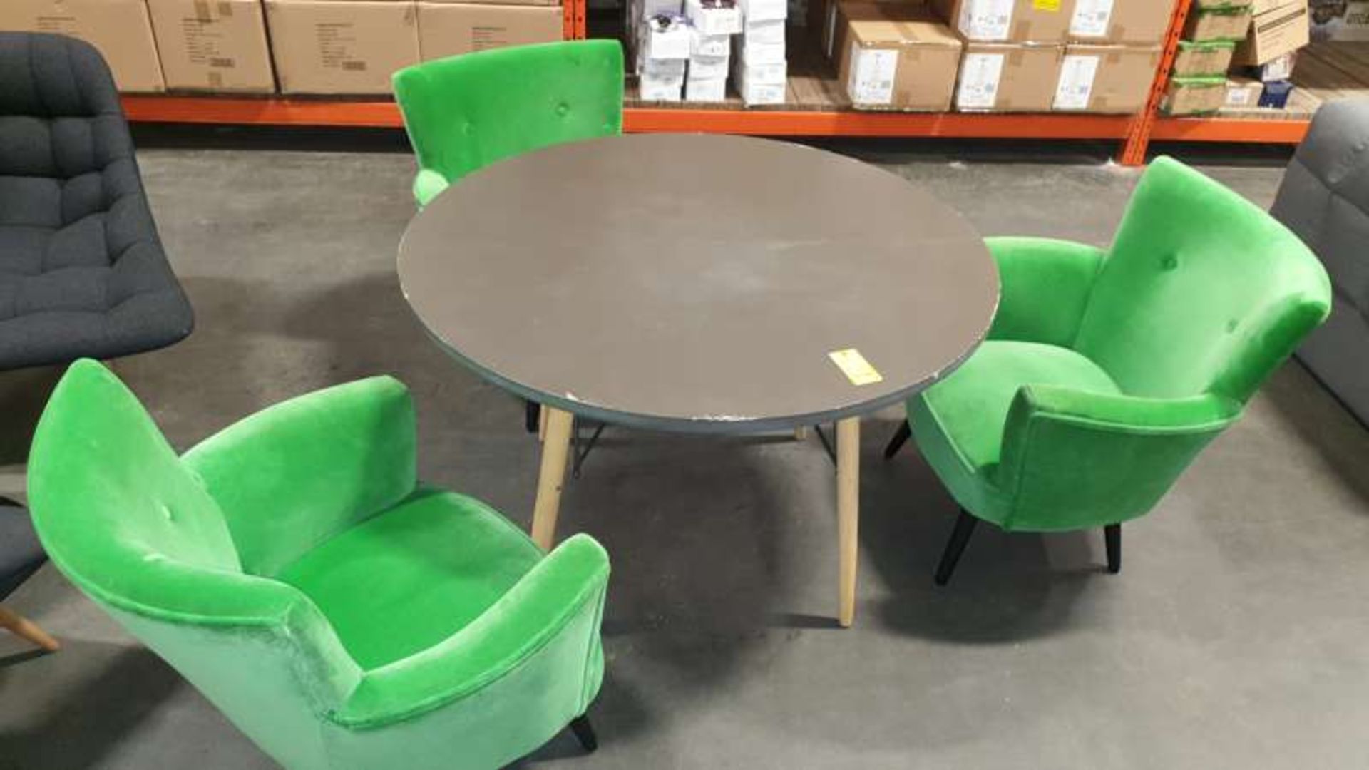 ROUND TABLE WITH 3 X GREEN FABRIC ARMCHAIRS