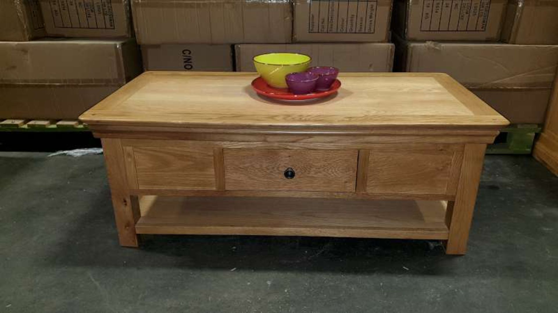 BRAND NEW SOLID OAK NEWARK COFFEE TABLE WITH SHELF AND DRAWER ( BOXED )