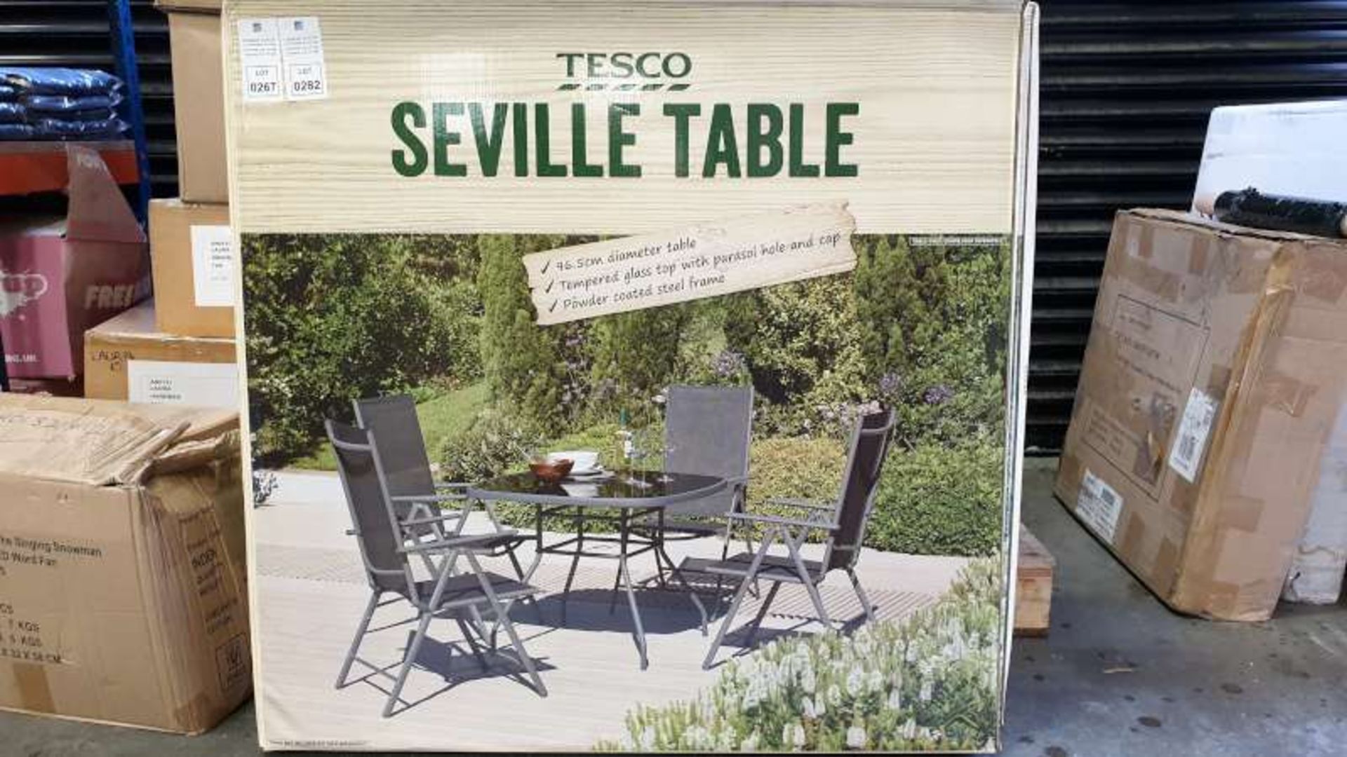 5 X BRAND NEW BOXED SEVILLE TEMPERED GLASS TOP GARDEN TABLES ( DIAMETER OF TABLE 96.5 CM )
