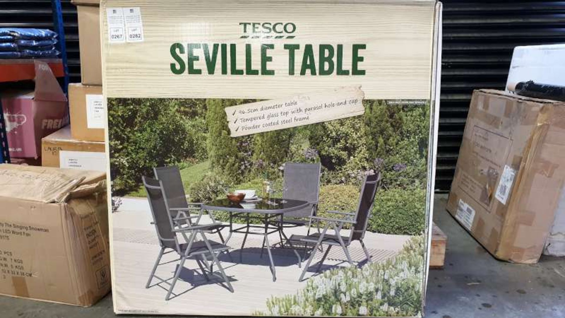 5 X BRAND NEW BOXED SEVILLE TEMPERED GLASS TOP GARDEN TABLES ( DIAMETER OF TABLE 96.5 CM )