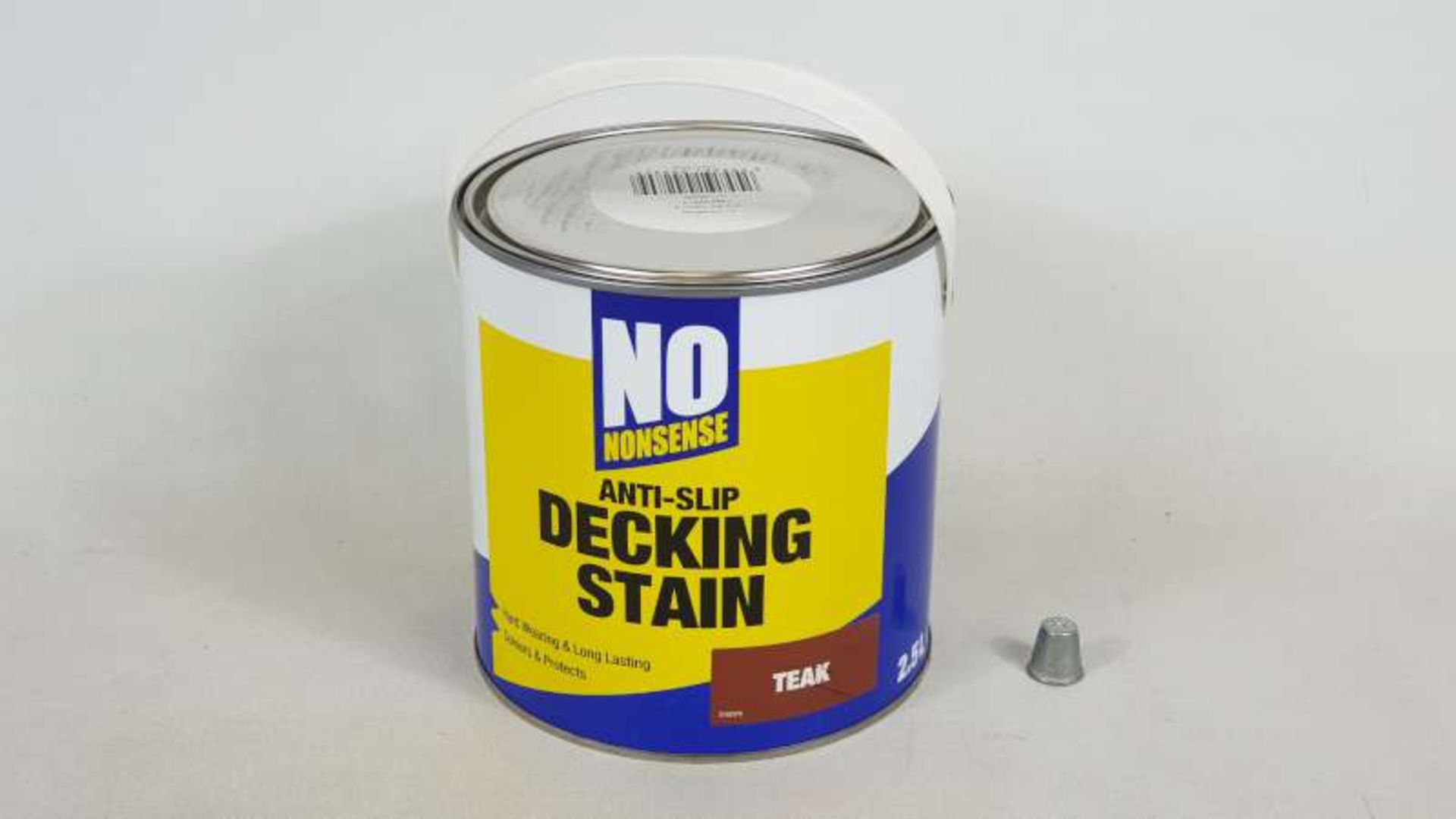 25 X 2.5 LITRE TINS OF NO NONSENSE TEAK COLOURED DECKING STAIN