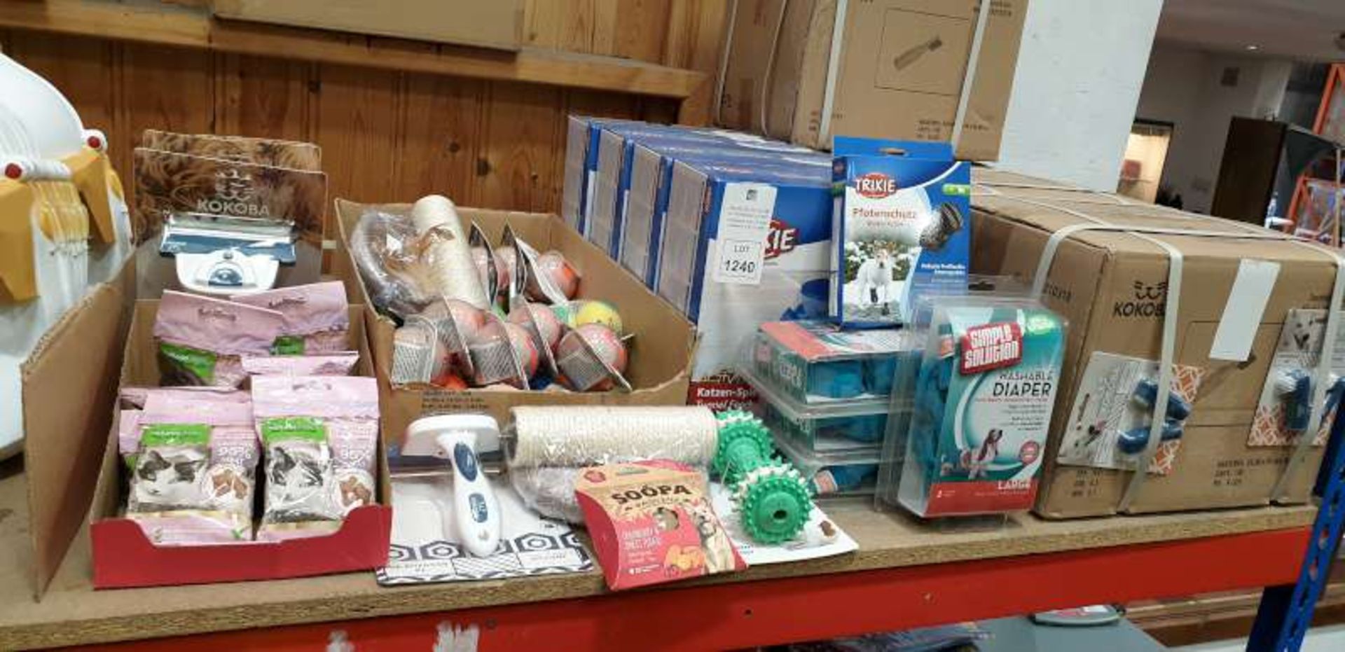 PET LOT CONTAINING TOOTHBRUSH SETS, WASHABLE DIAPERS, TUNNEL FEEDERS, CAT TREATS, FETCH IT BALL,