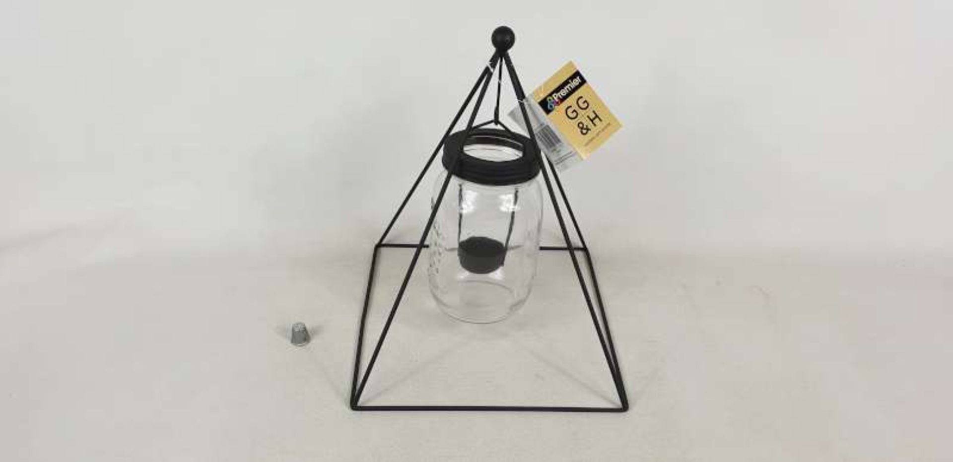 24 X PREMIER METAL PYRAMID WITH HANGING GLASS TEA LIGHT HOLDERS