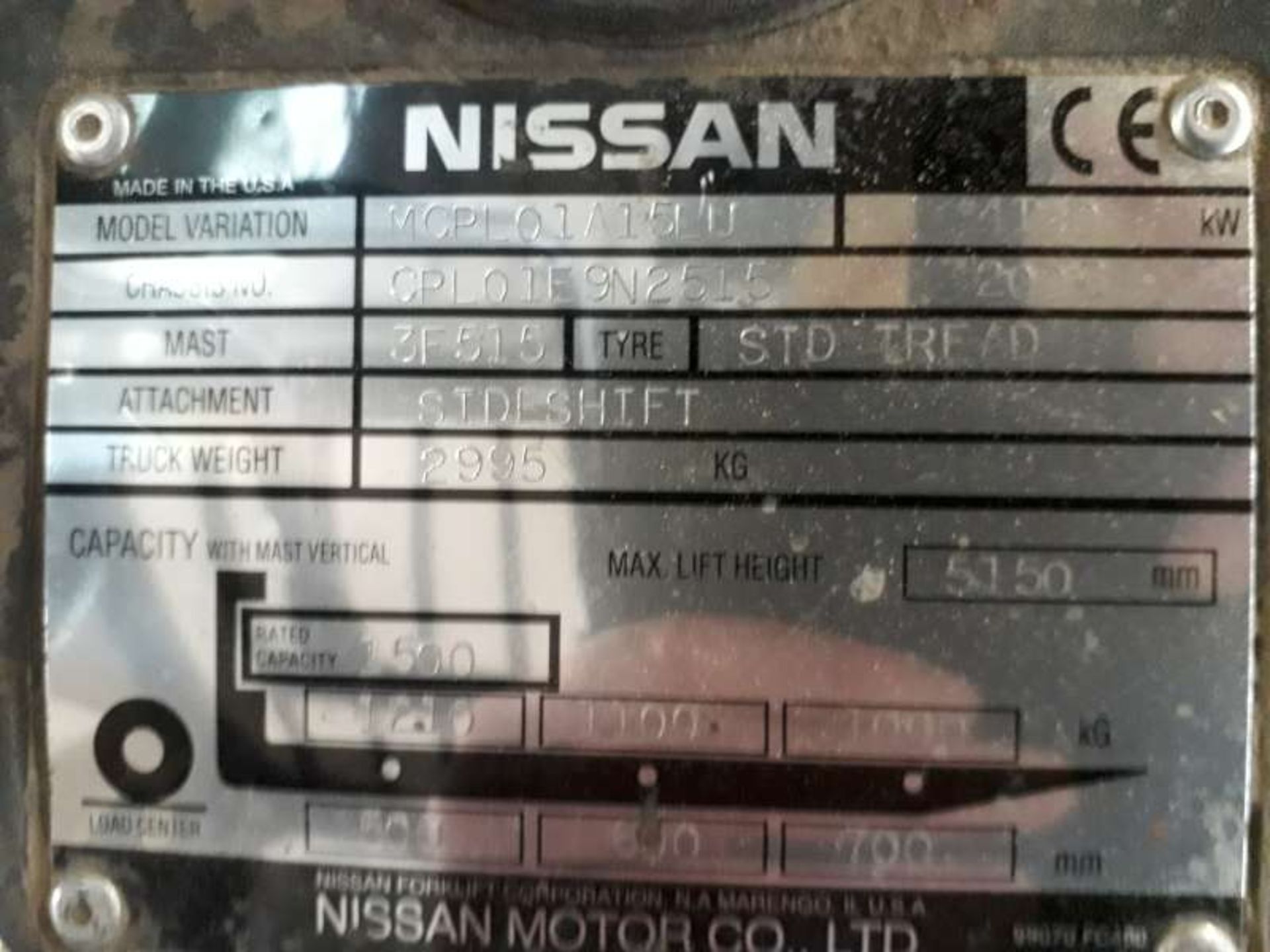 NISSAN,15 GAS FORKLIFT TRUCK,3725 HRS, MODEL MCPL01A15LU,1.5 TON SINGLE MAST. PLEASE NOTE THIS - Image 2 of 2