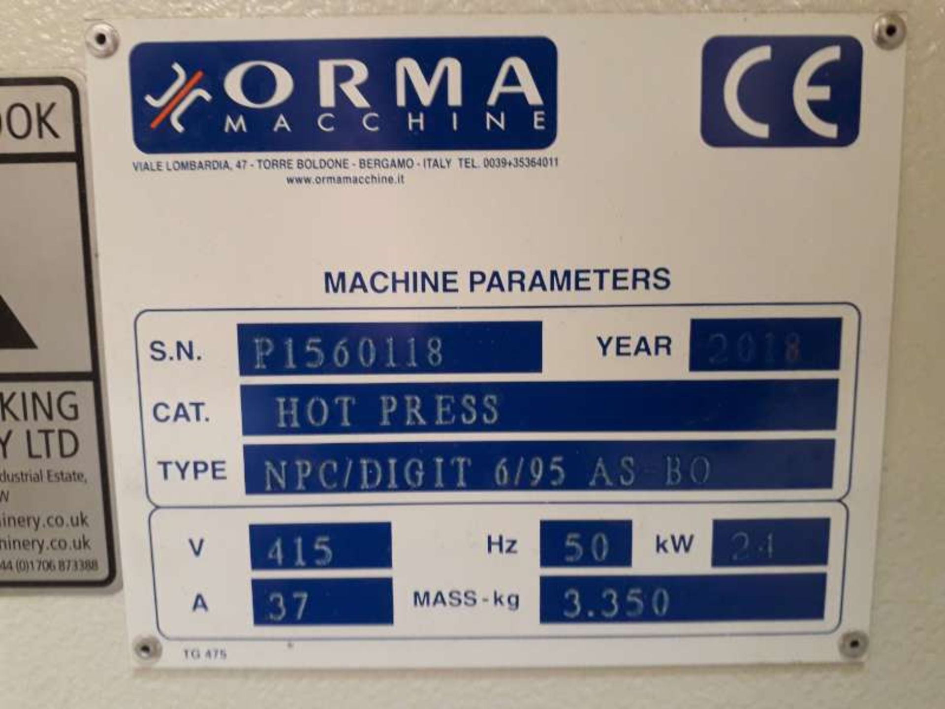 1 X ORMA, HOT PRESS MACHINE ,TYPE NPC/DIGIT 6/95 AS BO. Y.O.M 2018, - Image 3 of 3