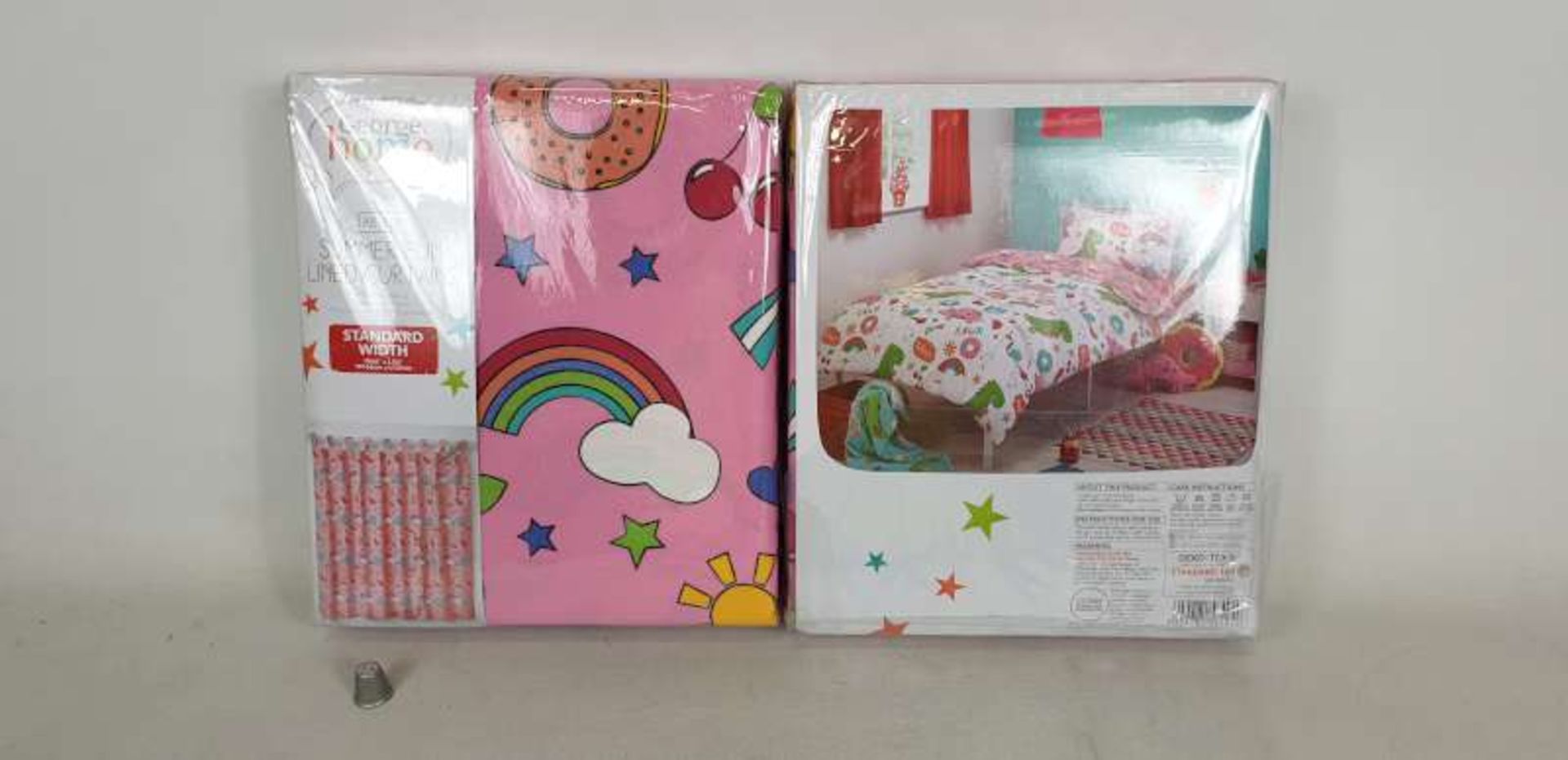48 X PAIRS OF TAB TOP SUMMER FUN LINED CURTAINS IN 3 BOXES
