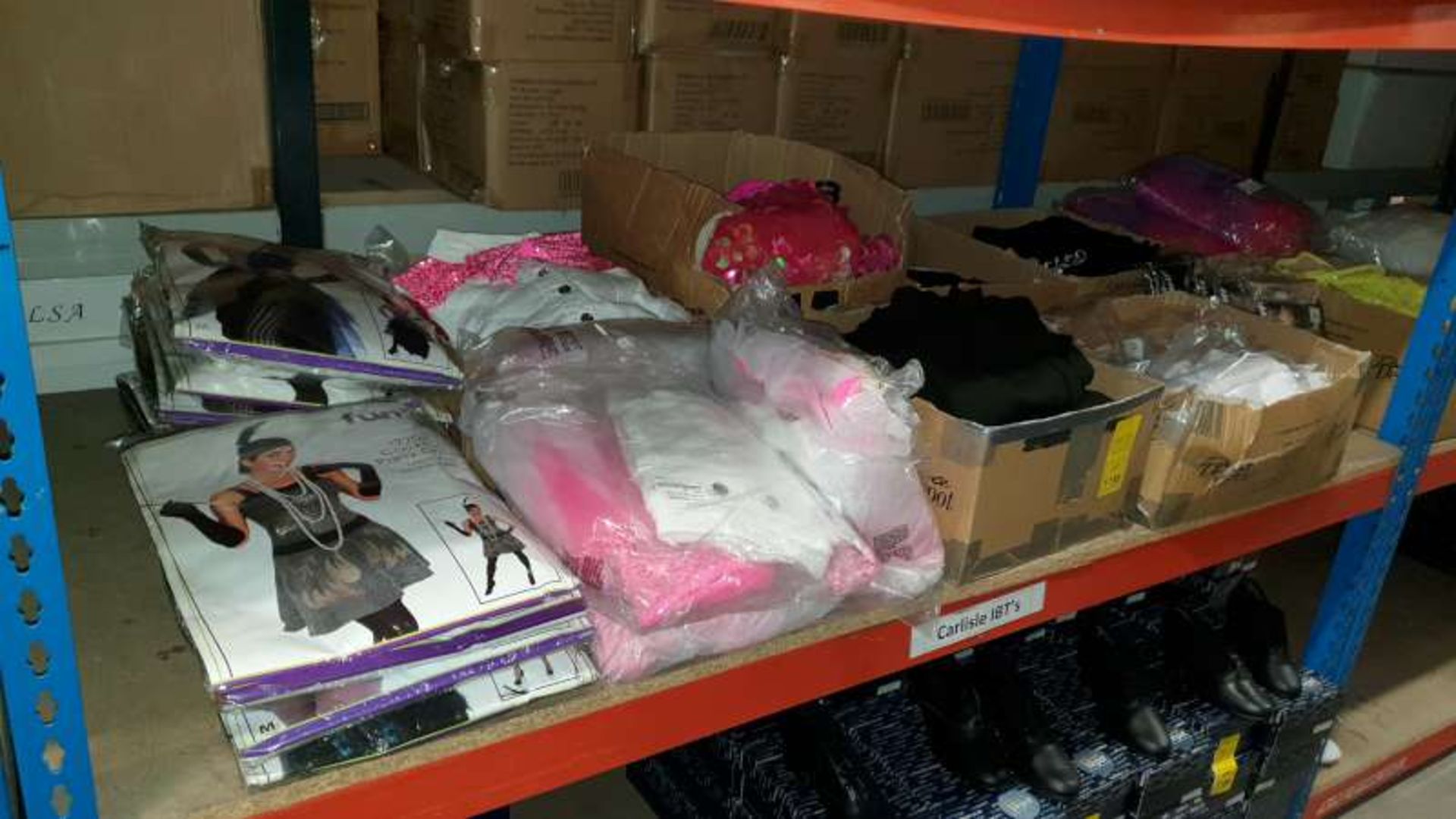 SHELF CONTAINING A LARGE QTY OF DANCE CLOTHING AND COSTUMES IN VARIOUS STYLES / SIZES / COLOURS