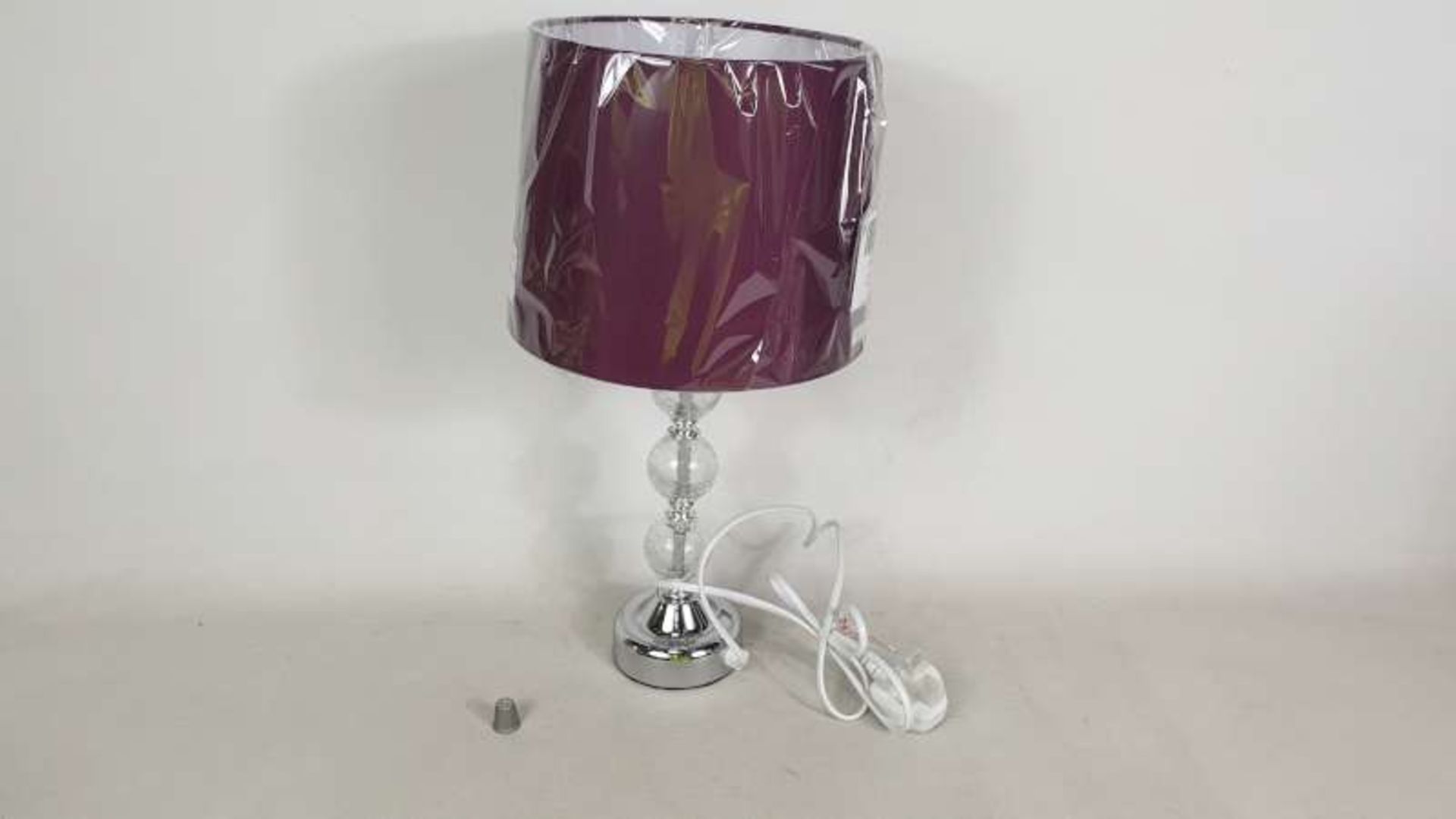 12 X BRAND NEW BOXED CRACKLE GLASS BALL TOUCH TABLE LAMP WITH PURPLE COLOURED SHADE IN 2 BOXES