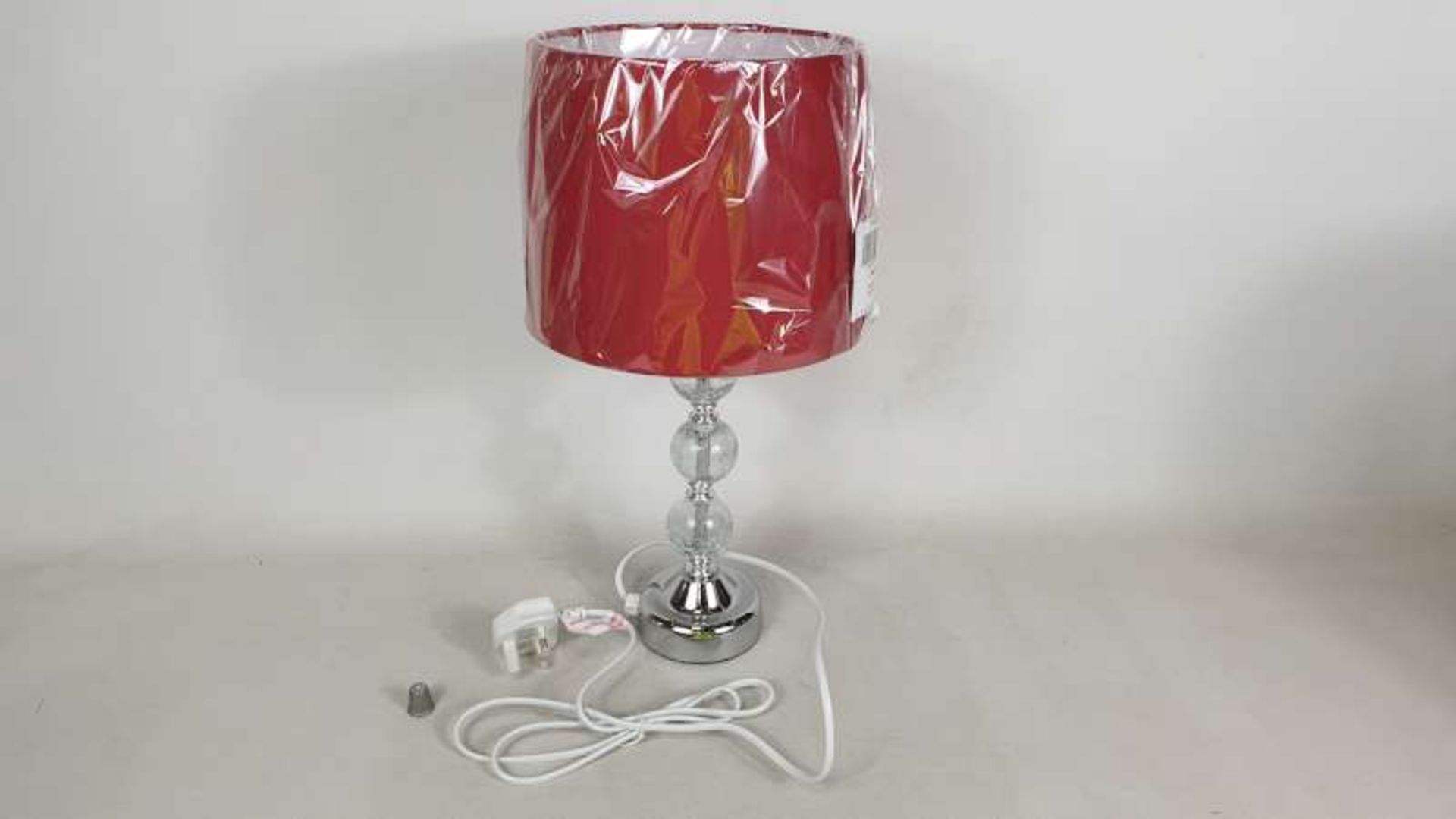 12 X BRAND NEW BOXED CRACKLE GLASS BALL TOUCH TABLE LAMP WITH RED COLOURED SHADE IN 2 BOXES