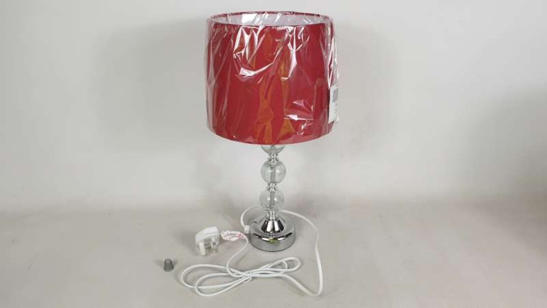 12 X BRAND NEW BOXED CRACKLE GLASS BALL TOUCH TABLE LAMP WITH RED COLOURED SHADE IN 2 BOXES