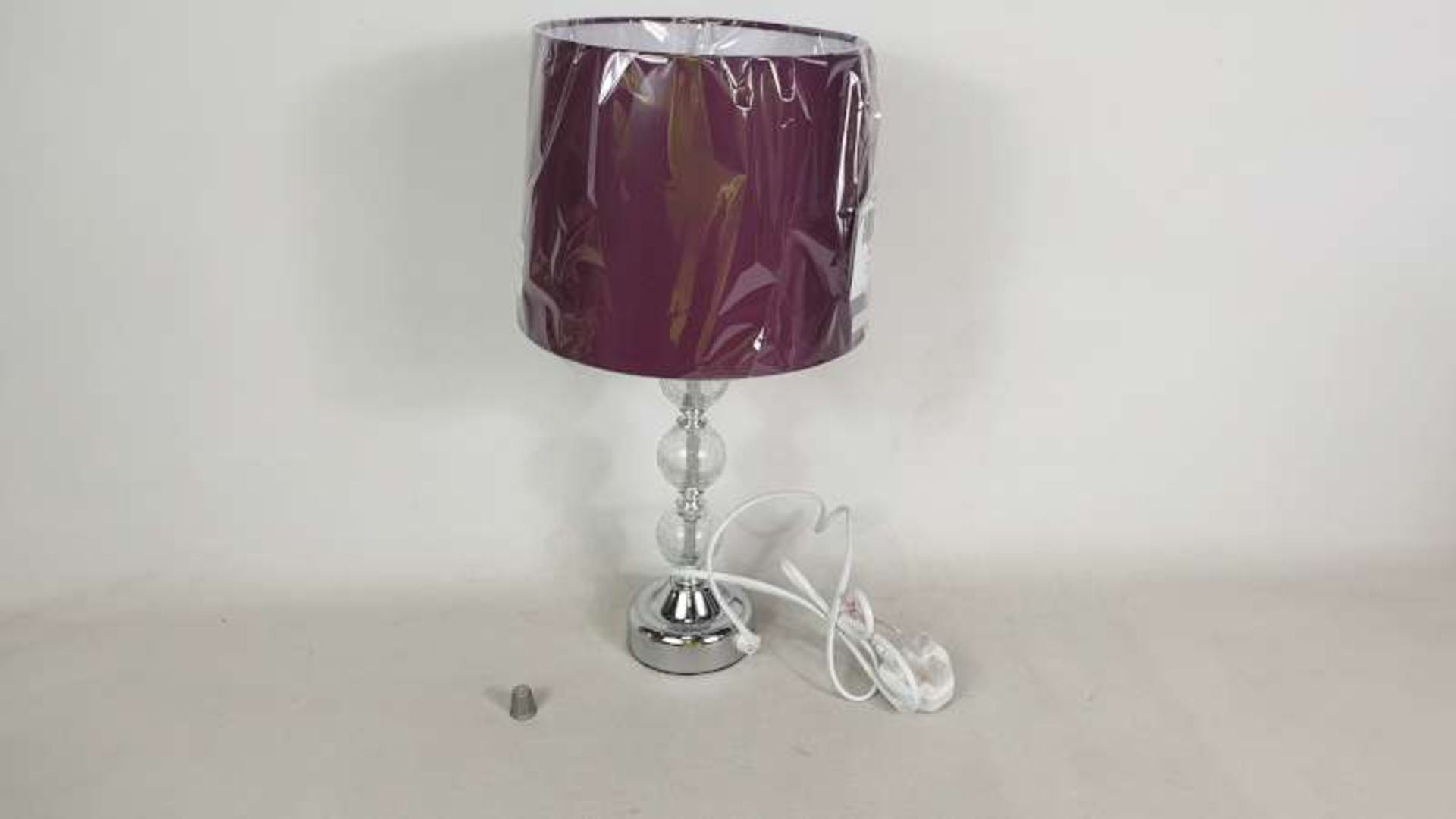12 X BRAND NEW BOXED CRACKLE GLASS BALL TOUCH TABLE LAMP WITH PURPLE COLOURED SHADE IN 2 BOXES