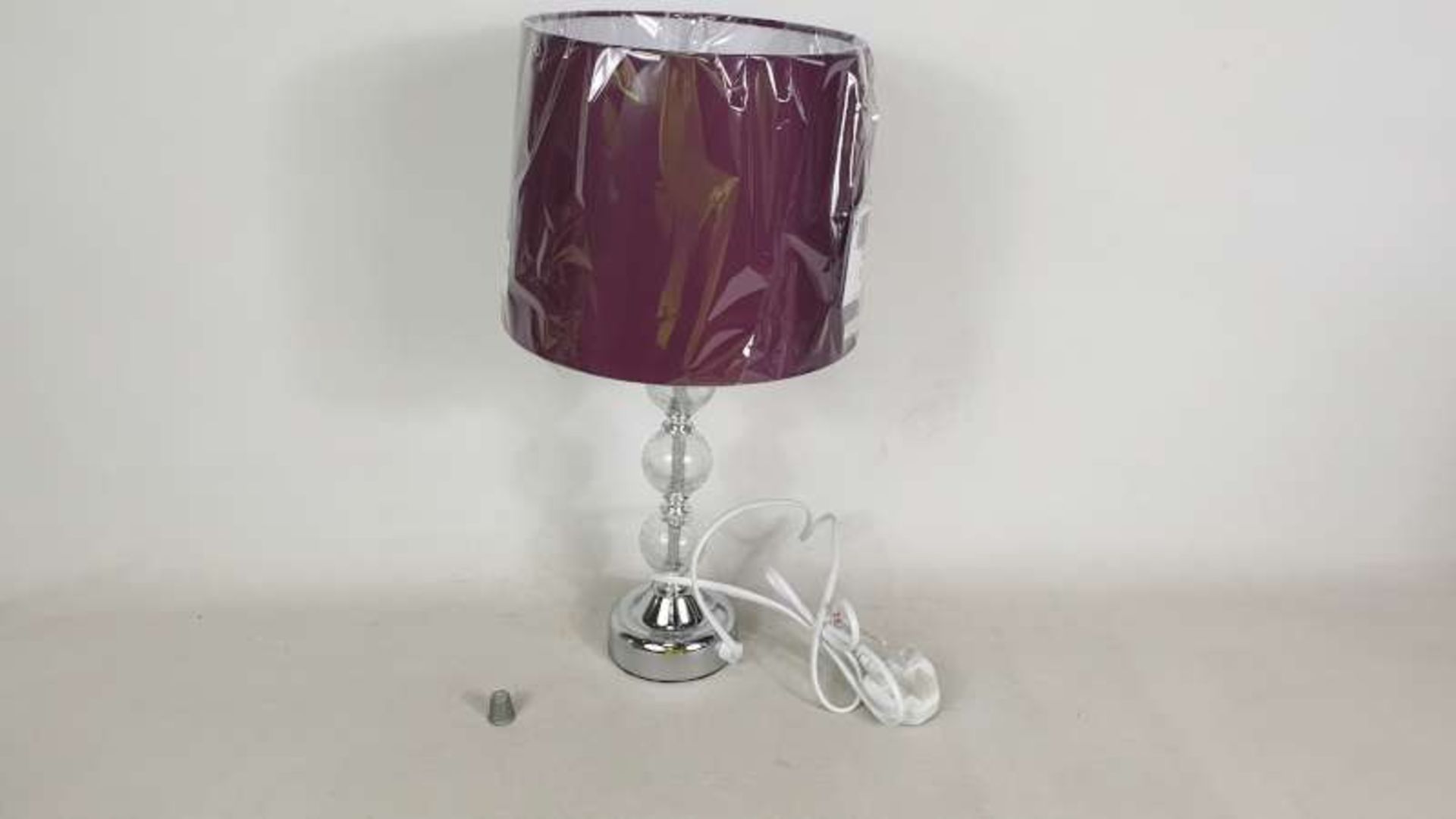 12 X BRAND NEW BOXED CRACKLE GLASS BALL TOUCH TABLE LAMP WITH PURPLE COLOURED SHADE IN 2 BOXES