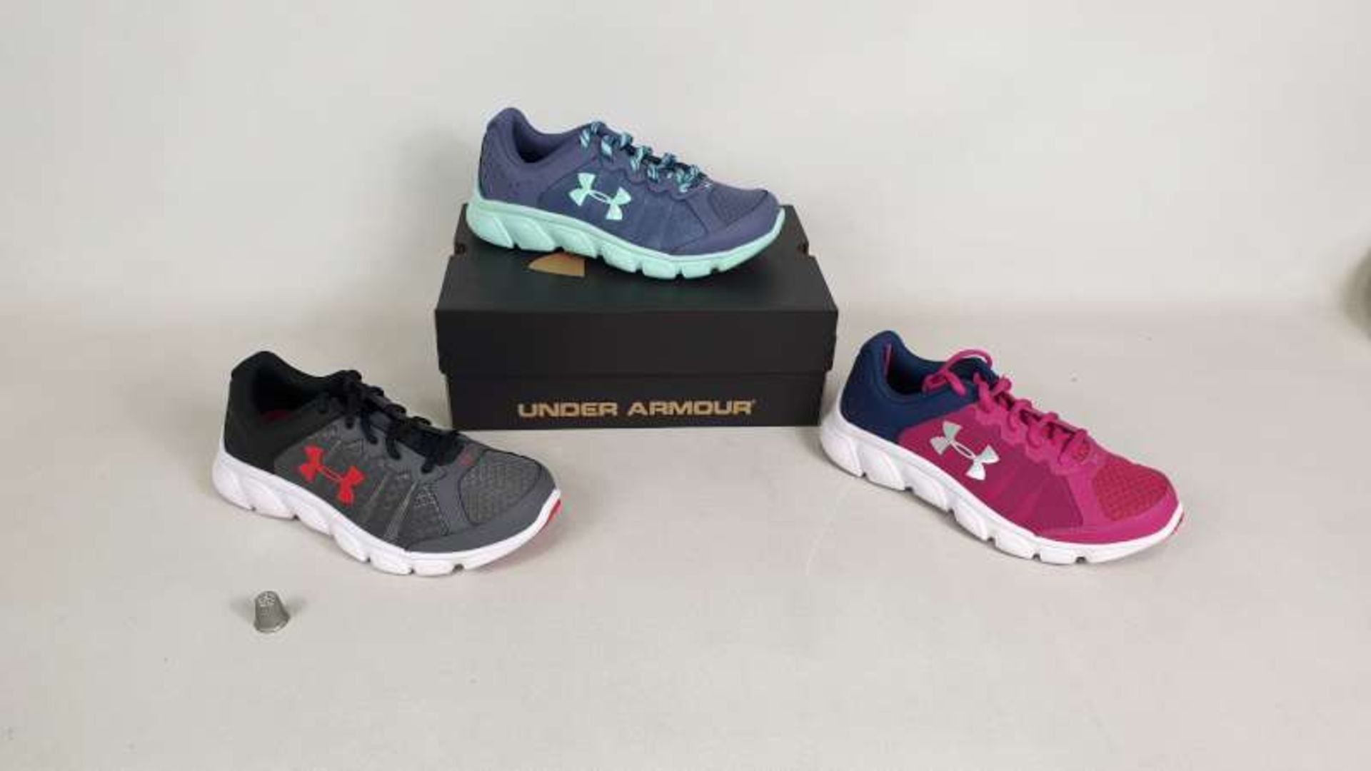 10 X BOXED NEW UNDER ARMOUR ASSERT 6 CHILDRENS TRAINERS PINK AND GREY SIZE 12