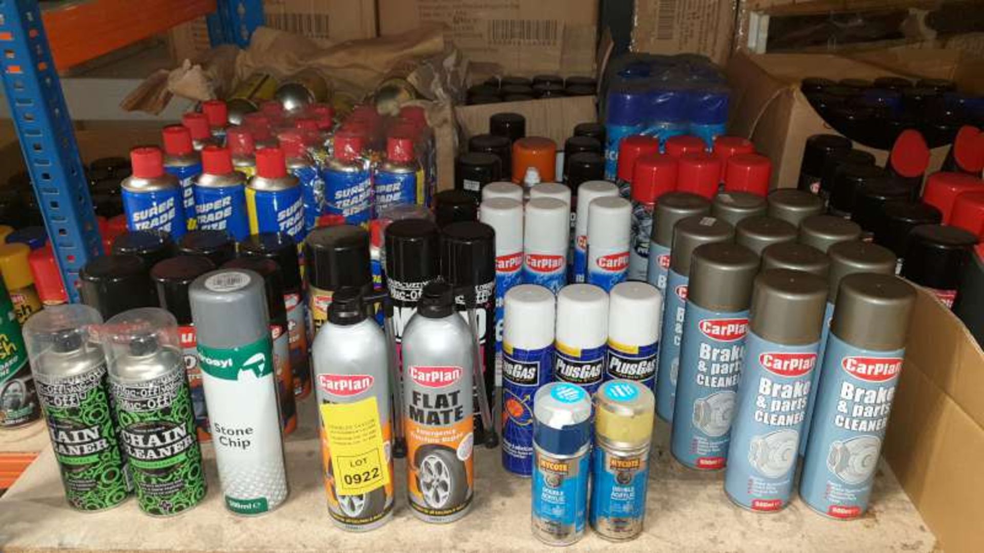 LOT CONTAINING CHAIN CLEANER, CARPLAN PUNCTURE REPAIR, BRAKE AND PARTS CLEANER, DE ICER, ETC
