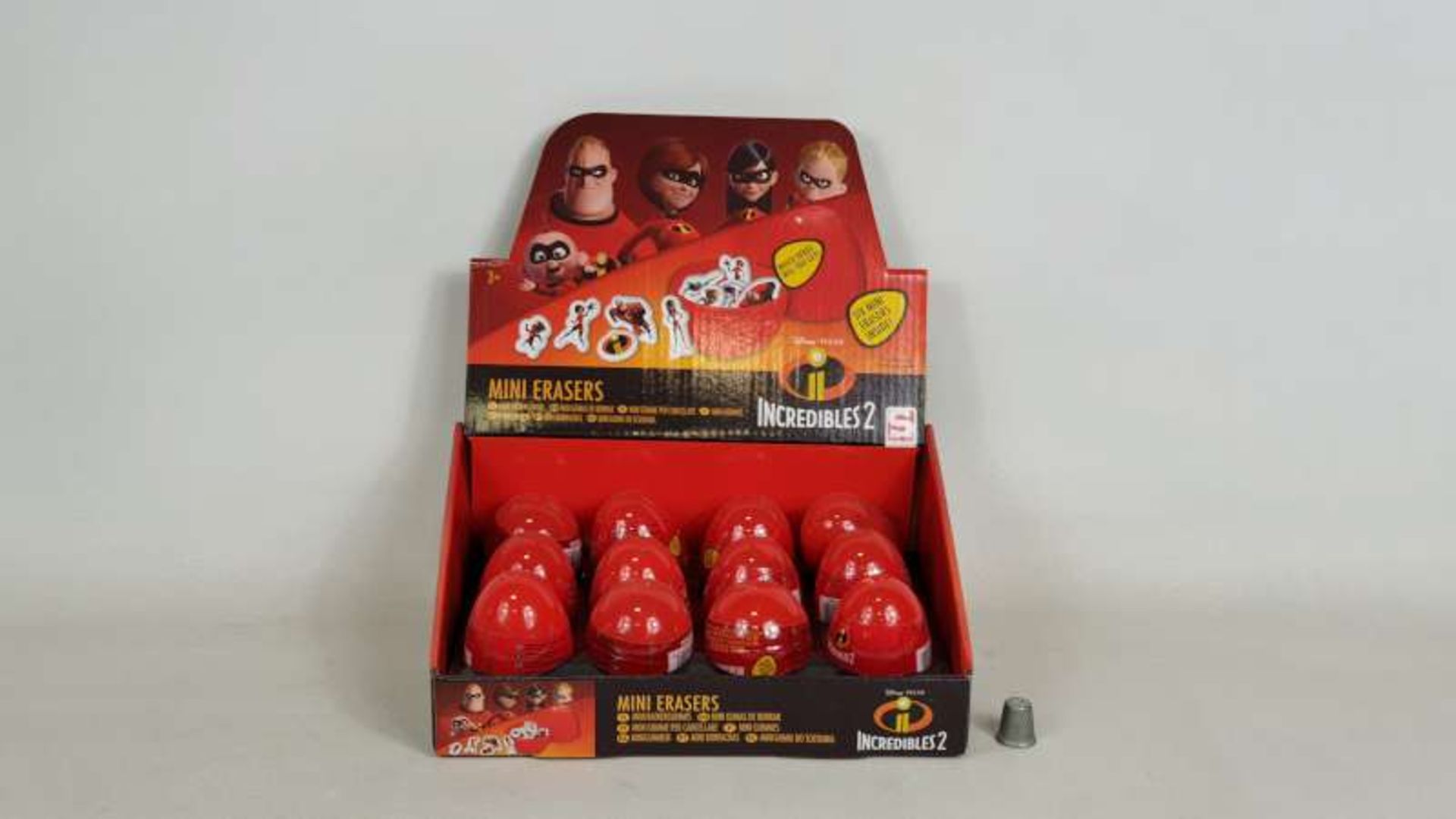 96 X BRAND NEW INCREDIBLES SECRET EGG FLAT ERASERS IN DISPLAY CASE IN 2 BOXES