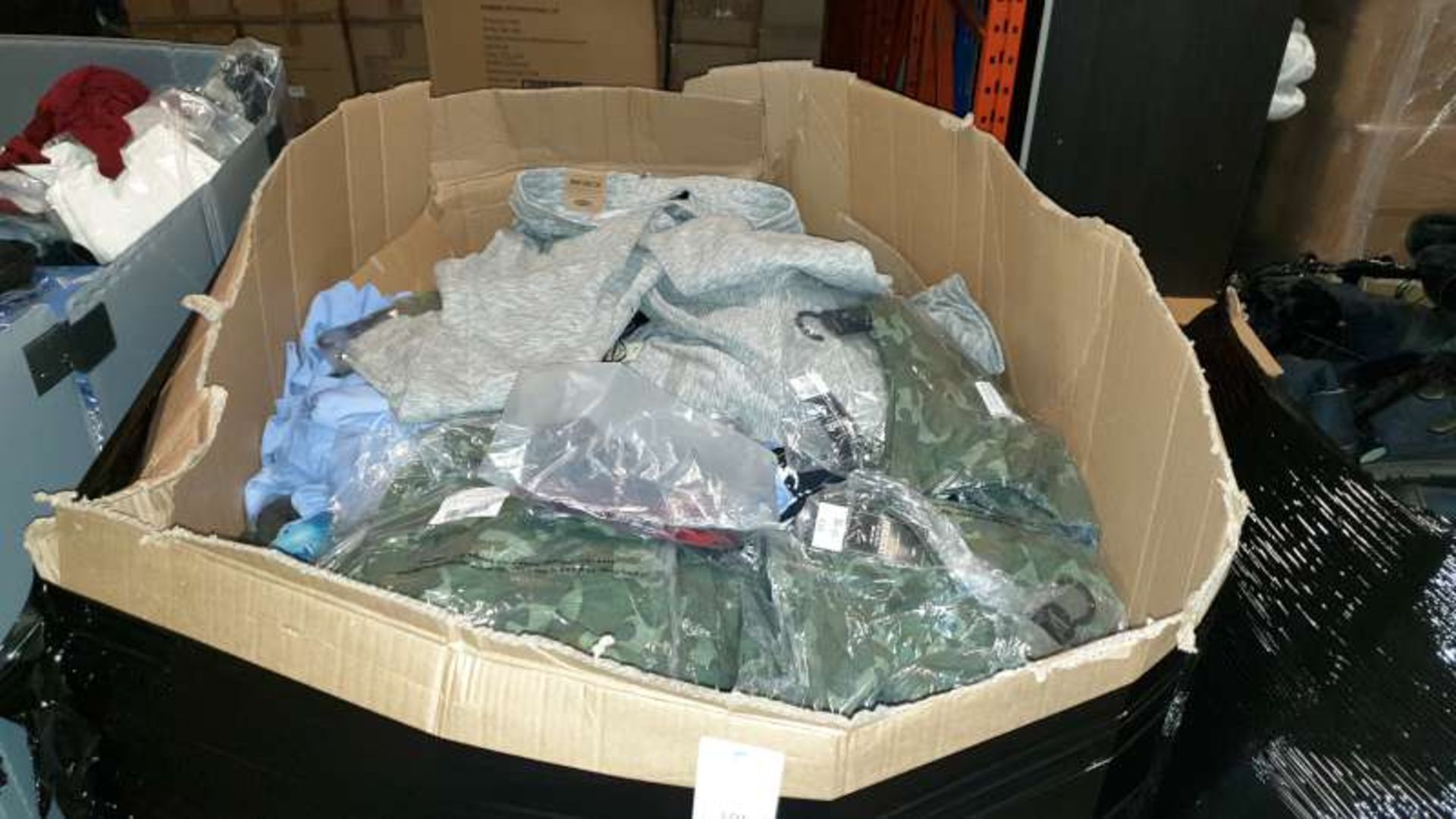 BOX PALLET CONTAINING A LARGE QUANTITY OF CLOTHING IN VARIOUS STYLES AND SIZES