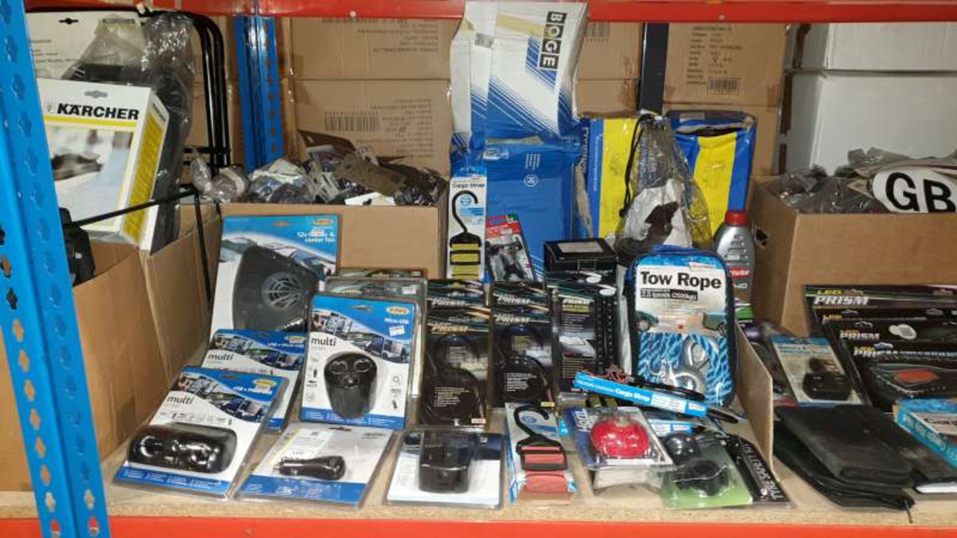 MIXED CAR LOT CONTAINING MULTI SOCKETS, TOW ROPES, LED PRISM HEADLAMPS, COOLER FANS, ETC