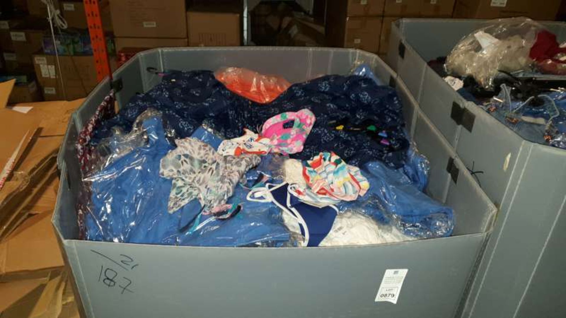 BOX PALLET CONTAINING A LARGE QUANTITY OF CLOTHING IN VARIOUS STYLES AND SIZES