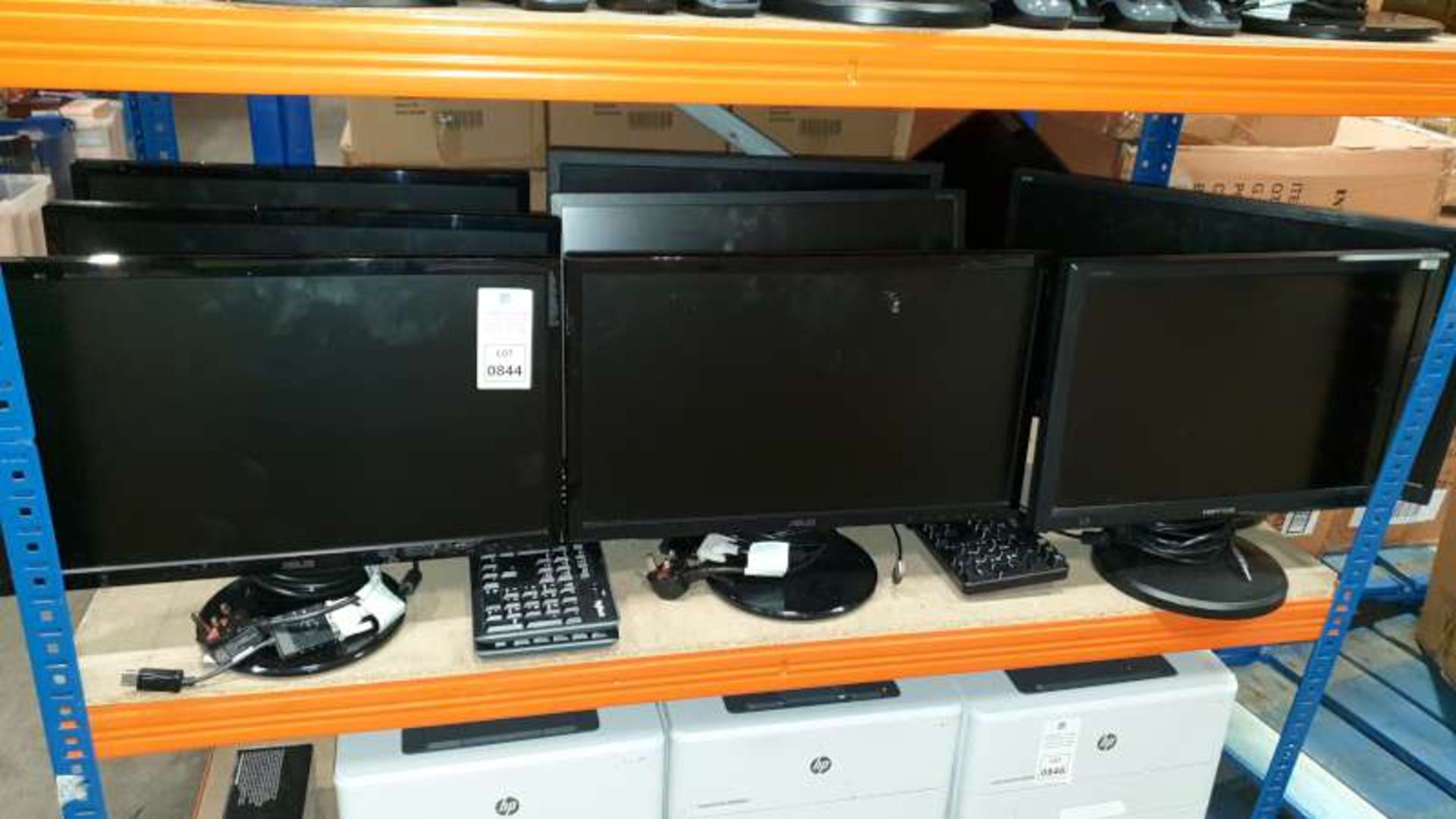 LOT CONTAINING MONITORS KEYBOARDS, MOUSE, ETC ON 1 SHELF