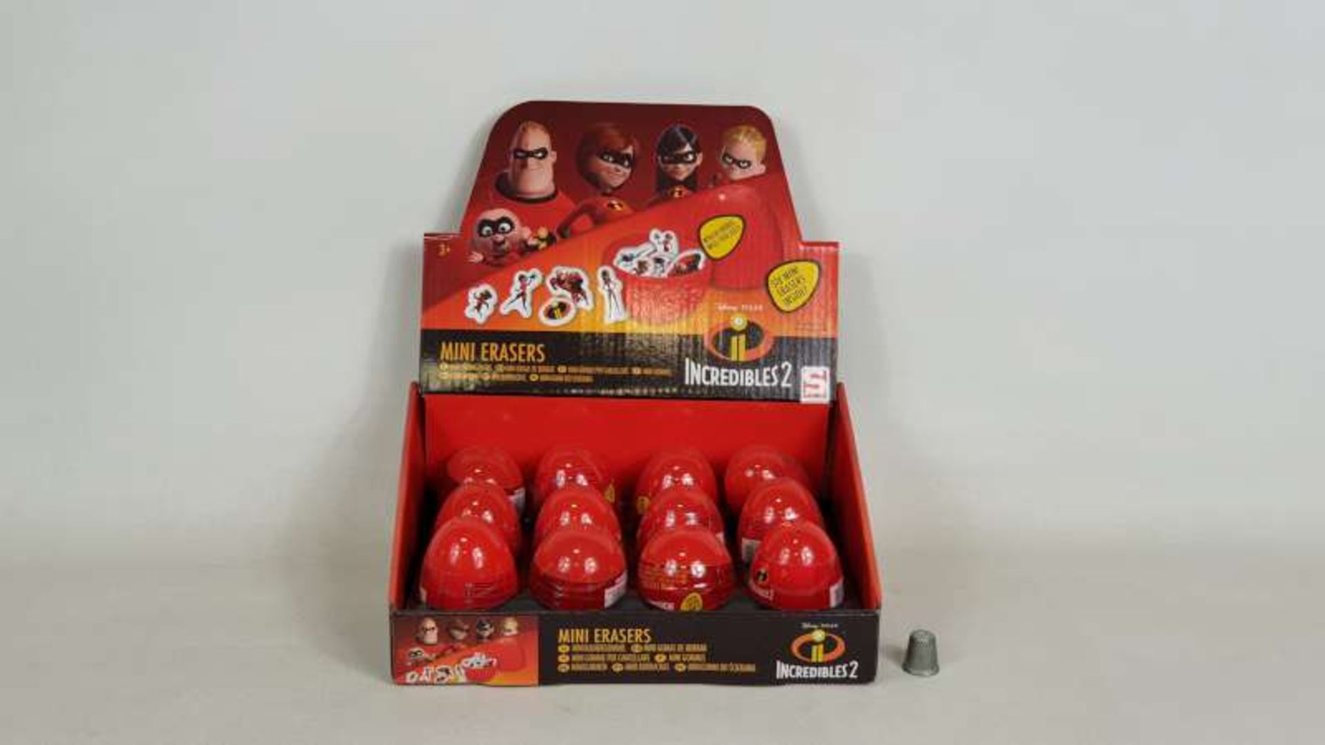 96 X BRAND NEW INCREDIBLES SECRET EGG FLAT ERASERS IN DISPLAY CASE IN 2 BOXES