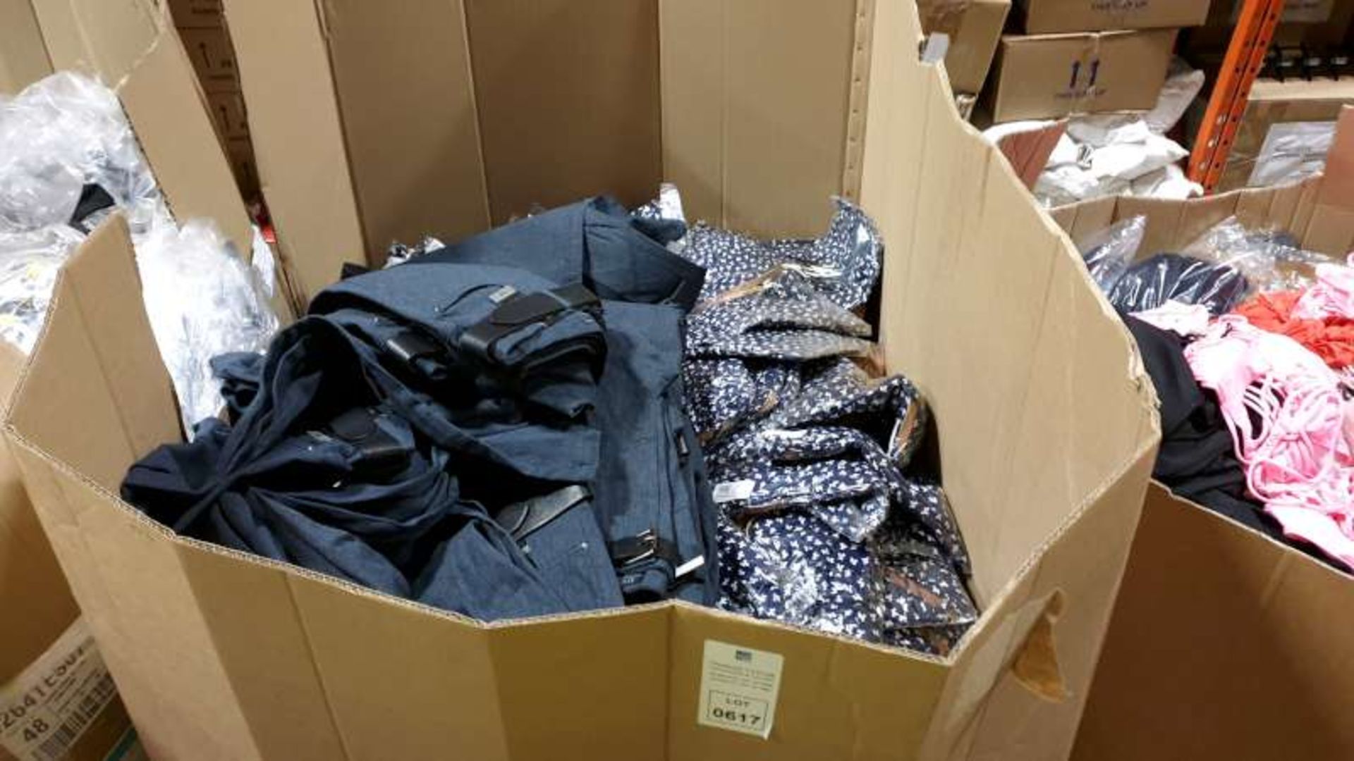 BOX PALLET CONTAINING LARGE QUANTITY OF CLOTHING IN VARIOUS STYLES AND SIZES