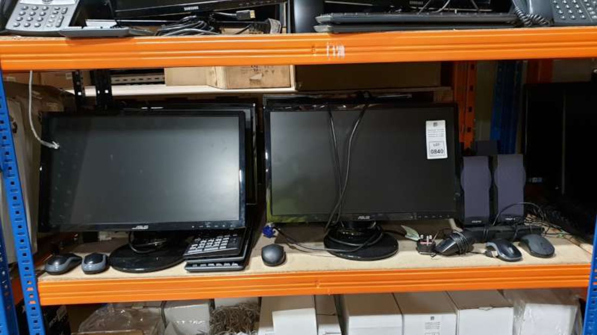 LOT CONTAINING MONITORS KEYBOARDS, MOUSE, ETC ON 1 SHELF