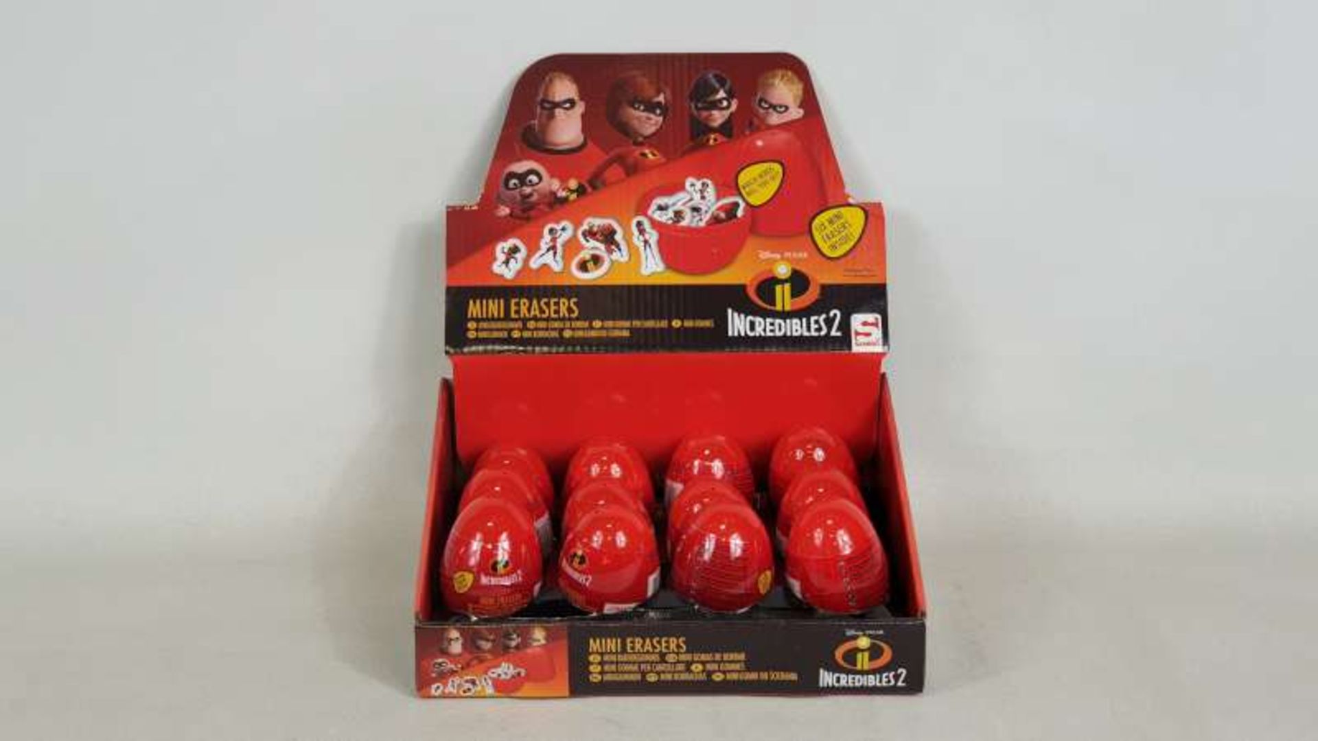 96 X BRAND NEW BOXED INCREDIBLES SECRET EGG FLAT ERASERS IN DISPLAY CASES IN 2 BOXES