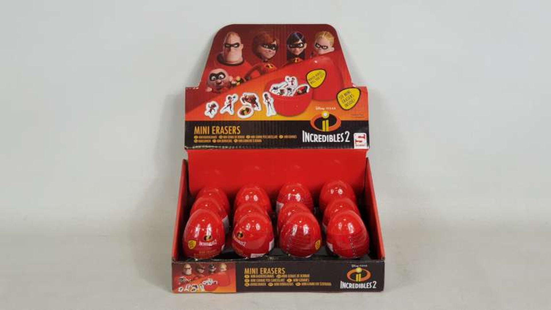 96 X BRAND NEW BOXED INCREDIBLES SECRET EGG FLAT ERASERS IN DISPLAY CASES IN 2 BOXES